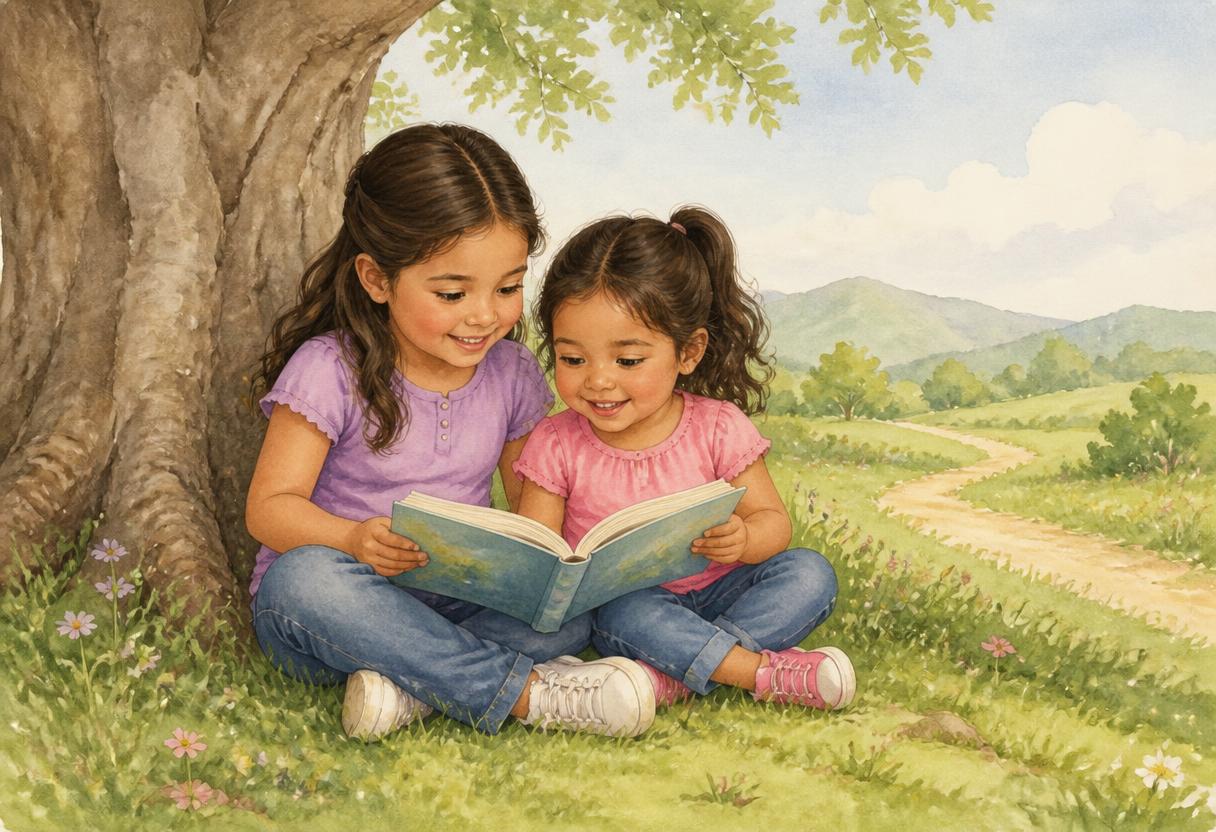 Two happy children reading picture books under a heart-filled tree
